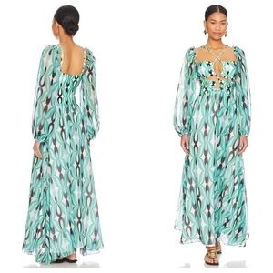 PatBO Teal and Black Printed Halter Tunic with Sheer Long Sleeves